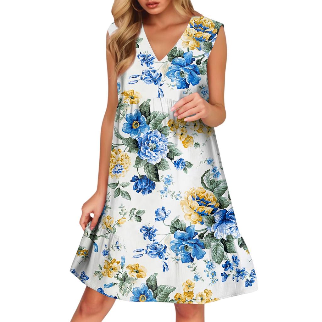 Women's Casual Fashion Breathable V-neck Vest With Pockets Floral Holiday Dress
