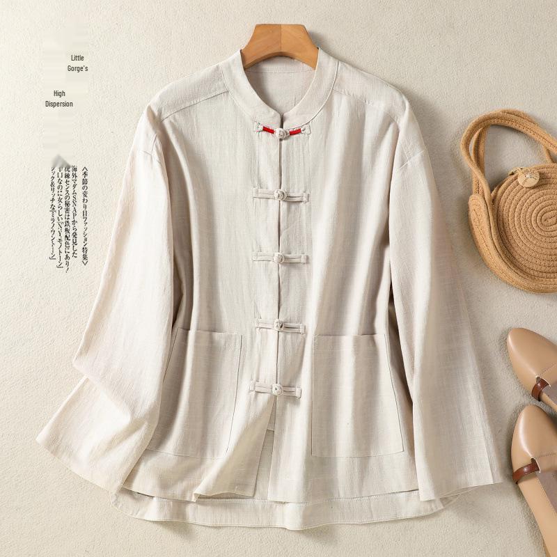 Spring Retro Zen-Inspired Loose Casual Women s Top with Frog Button L