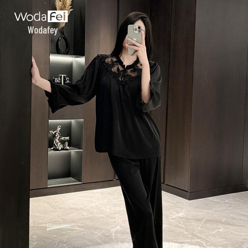 

Elegant Ice Silk Lace Trim Pajamas - Thin, Breathable, Long Sleeve Pullover for Spring XL чорний