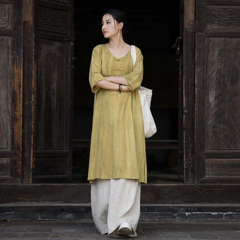 

Johnature женское платье в китайском стиле с v-образным вырезом и половиной рукавов летнее винтажное женское платье трапециевидной формы с принтом тай-дай One Size жёлтый