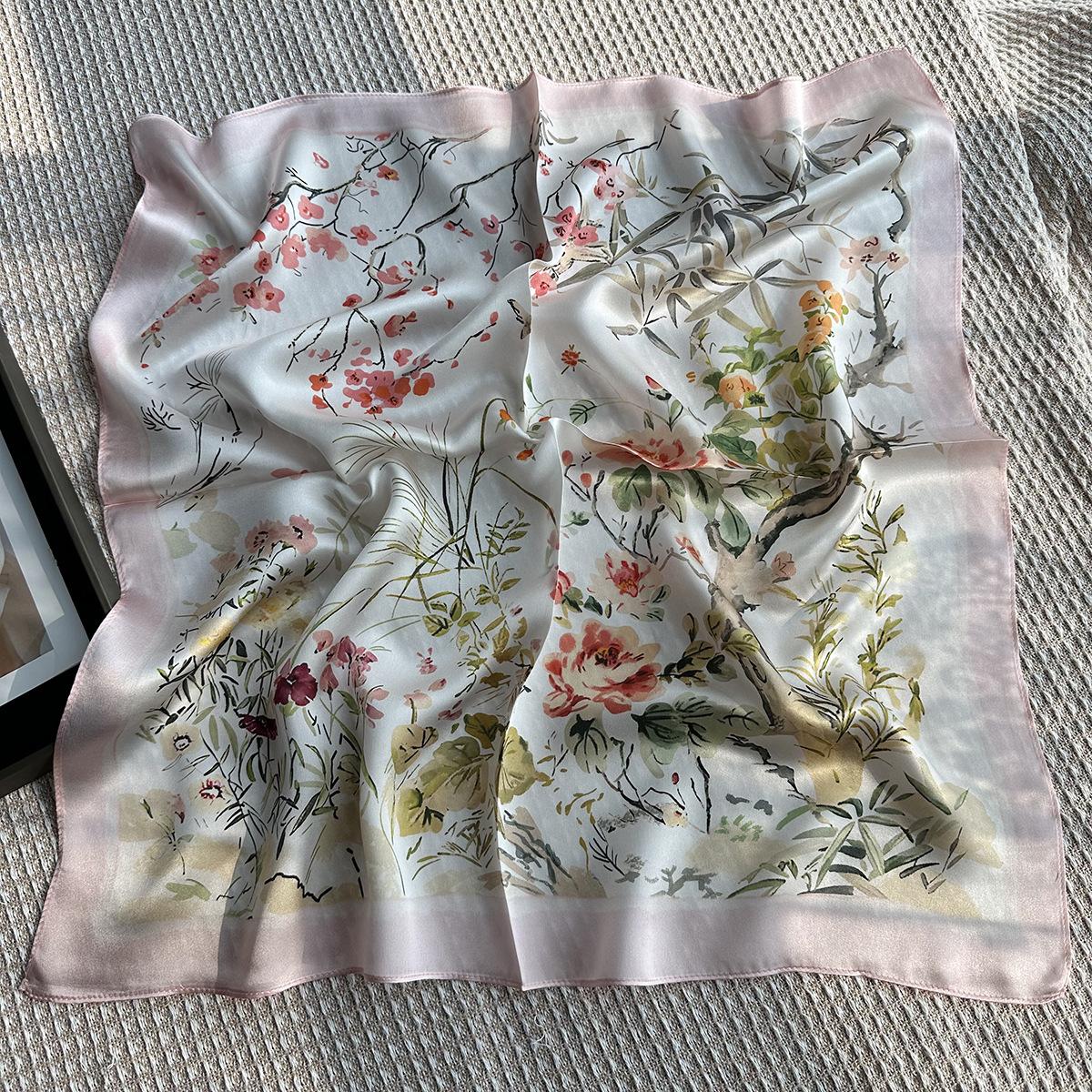 Birds and flowers fashion printed silk scarf women s spring and summer neck protection warm small scarf 100% mulberry silk square scarf 65*65cm