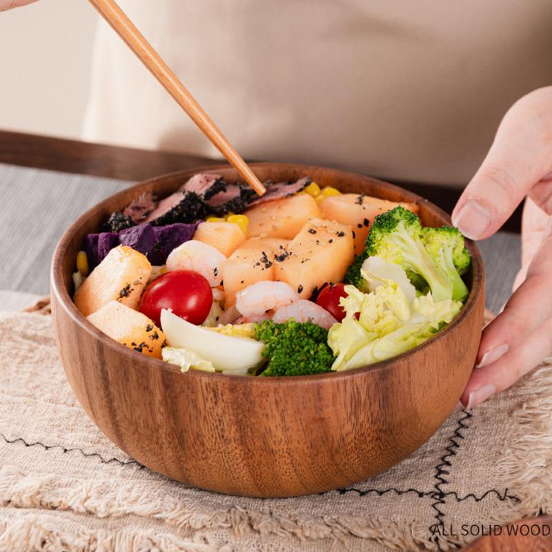 Fine Natural Hand-Made Wooden Salad Bowl Classic Round Acacia Wood Salad Dining Bowl Plates Premium Wood Kitchen Utensils
