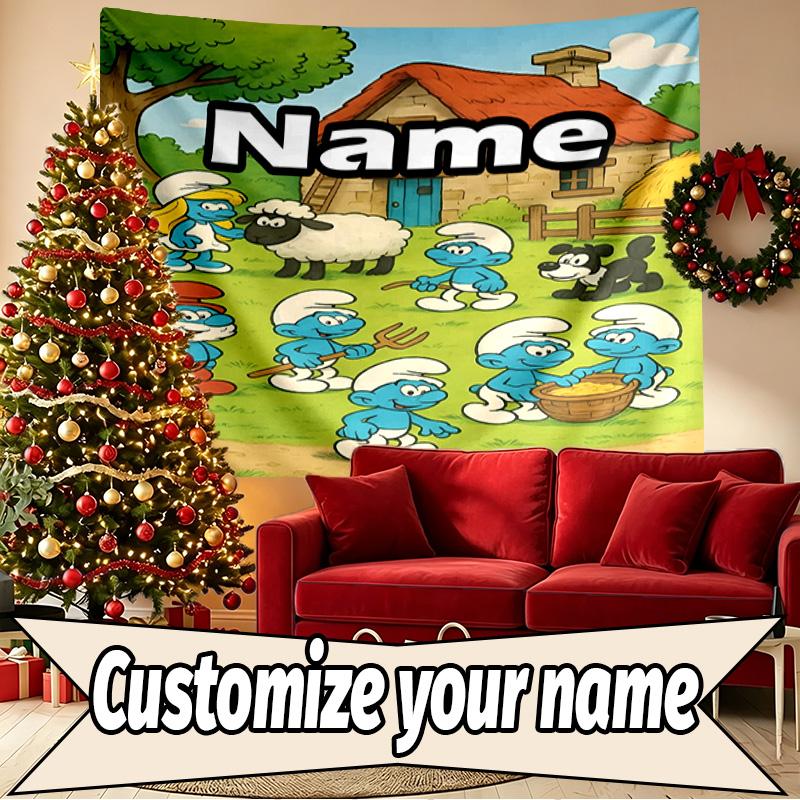 Custom Name Personalized Blue Smurfs Print Tapestry, Wall Art Decor, Bedroom, Dorm, Apartment, LivingRoom, Party Backdrop, Gift for Birthday