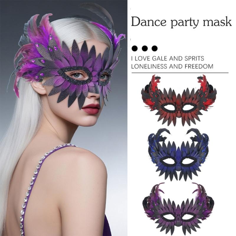 Stylová půlmaska na maškarní ples s nastavitelným sovím peřím Praktická PU pro tématickou akci a cosplay