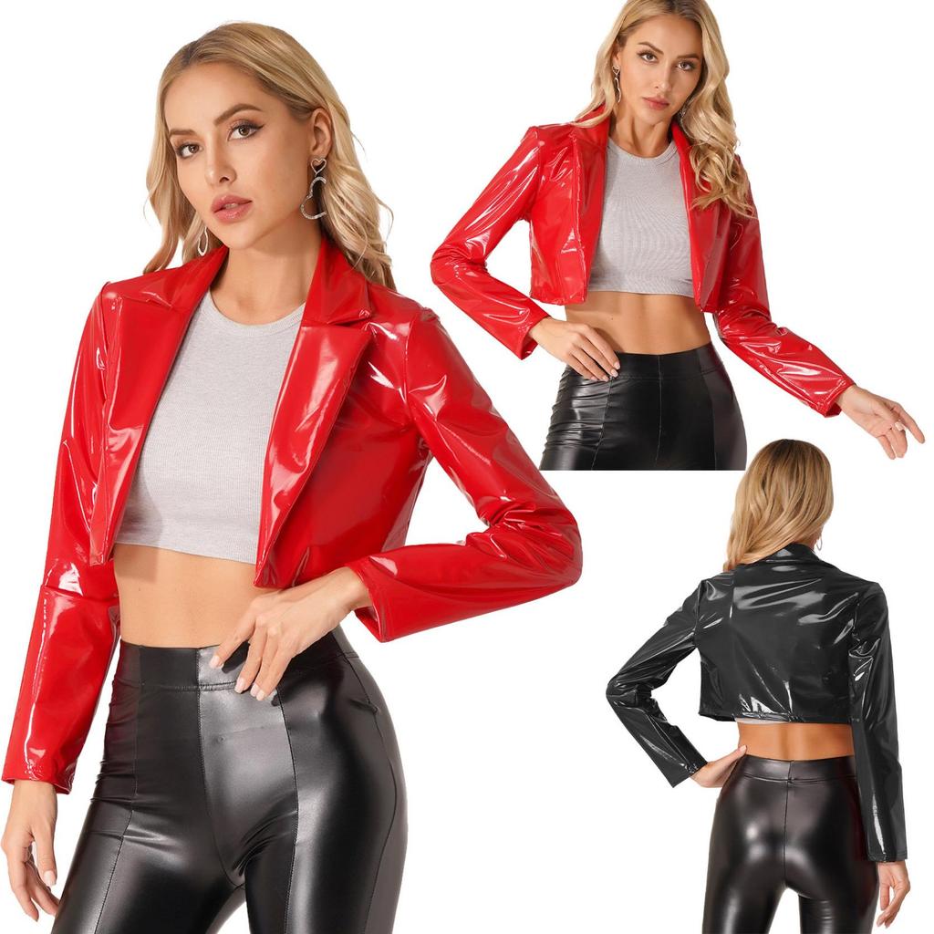 Womens PU Faux Leather Long Sleeve Jackets Slim Fit Party Coat Ladies Fashion Leather Jacket Dance Costume