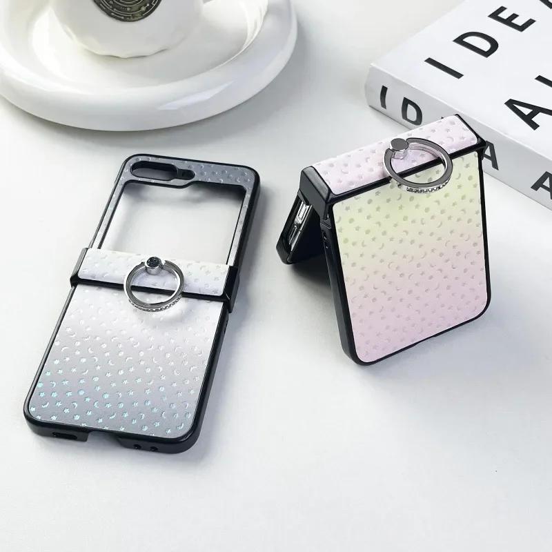 Ring Holder PU Leather Phone Case for Samsung Galaxy Z Flip 5 4 3 Flip5 Flip4 Flip3 5G Plastic Hard Shell Shockproof Cover