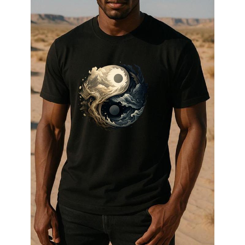 

European sizes with Mountains and Waters in One s Heart, All Things Transform into Taiji. Men s Printed Short-sleeved Shirts, Simple Knitted 4XL