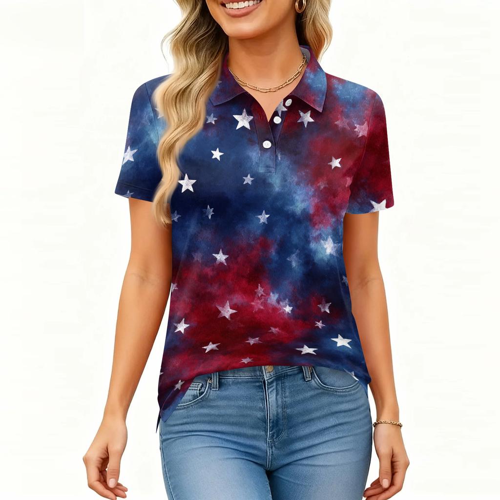 Women’s Short Sleeve Polo Shirt Paint Splatter Printed Button Down Casual Top with Star Pattern for Everyday Wear