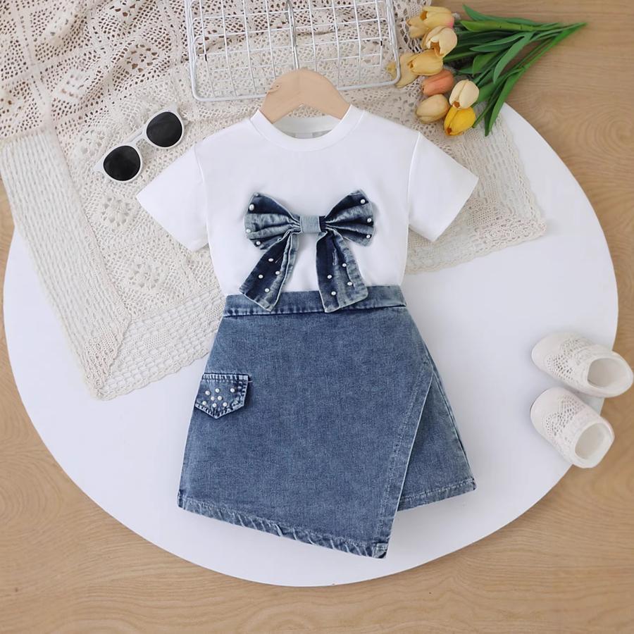 

Girls Bow Pearl T-Shirt + Fashion Denim Skirt Pants Two Piece Set 7Y білий