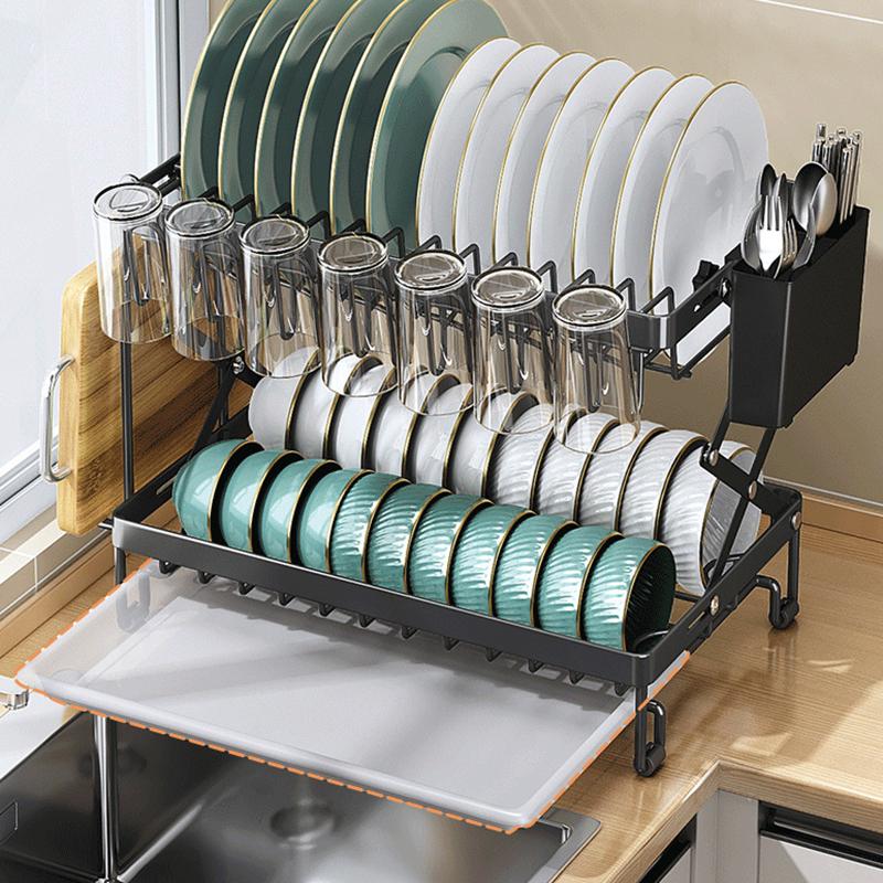 

006-WDJ-70178A 2 Tier Dish Drying Rack Folded Kitchen Organizers and Storage Rack with Tray White
