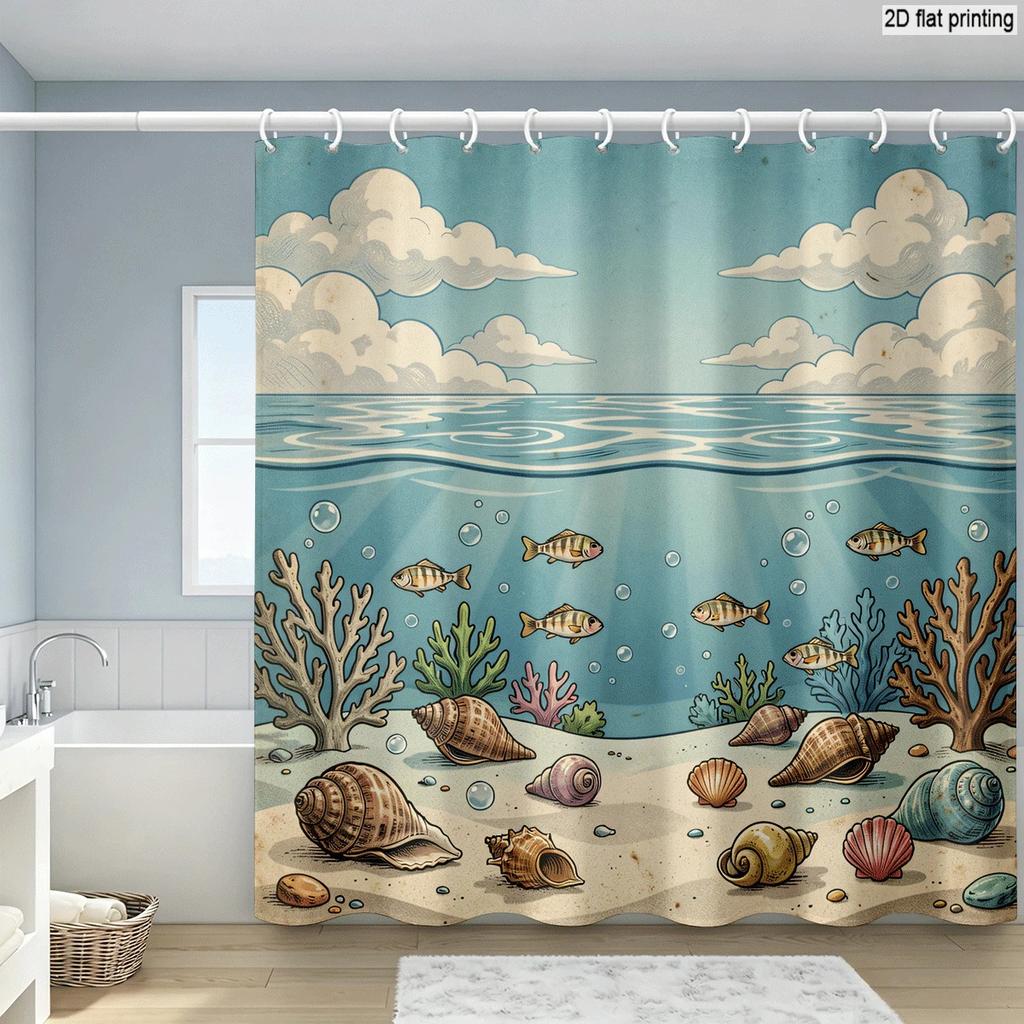 Tropical Ocean Shower Curtain Under the Sea Beach Coral Shell Nautical Bath Decor Waterproof Polyester Coastal Wall Art Home Acc
