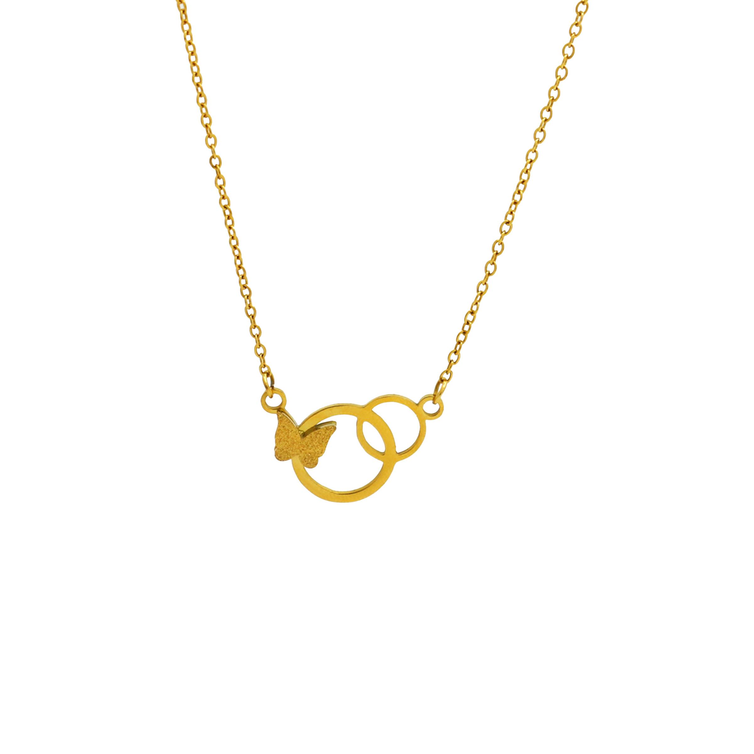 Stainless Steel Fashion Necklace Interlocking Double Circle Frosted Butterfly Pendant Waterproof Hypoallergenic Daily Wear золотой