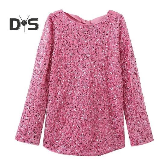 Damen Paillettenkleid mit großer Schleife und langen Ärmeln, A-Linie, lockerer Pullover, knielang, Cocktailparty, Club, Minikleid