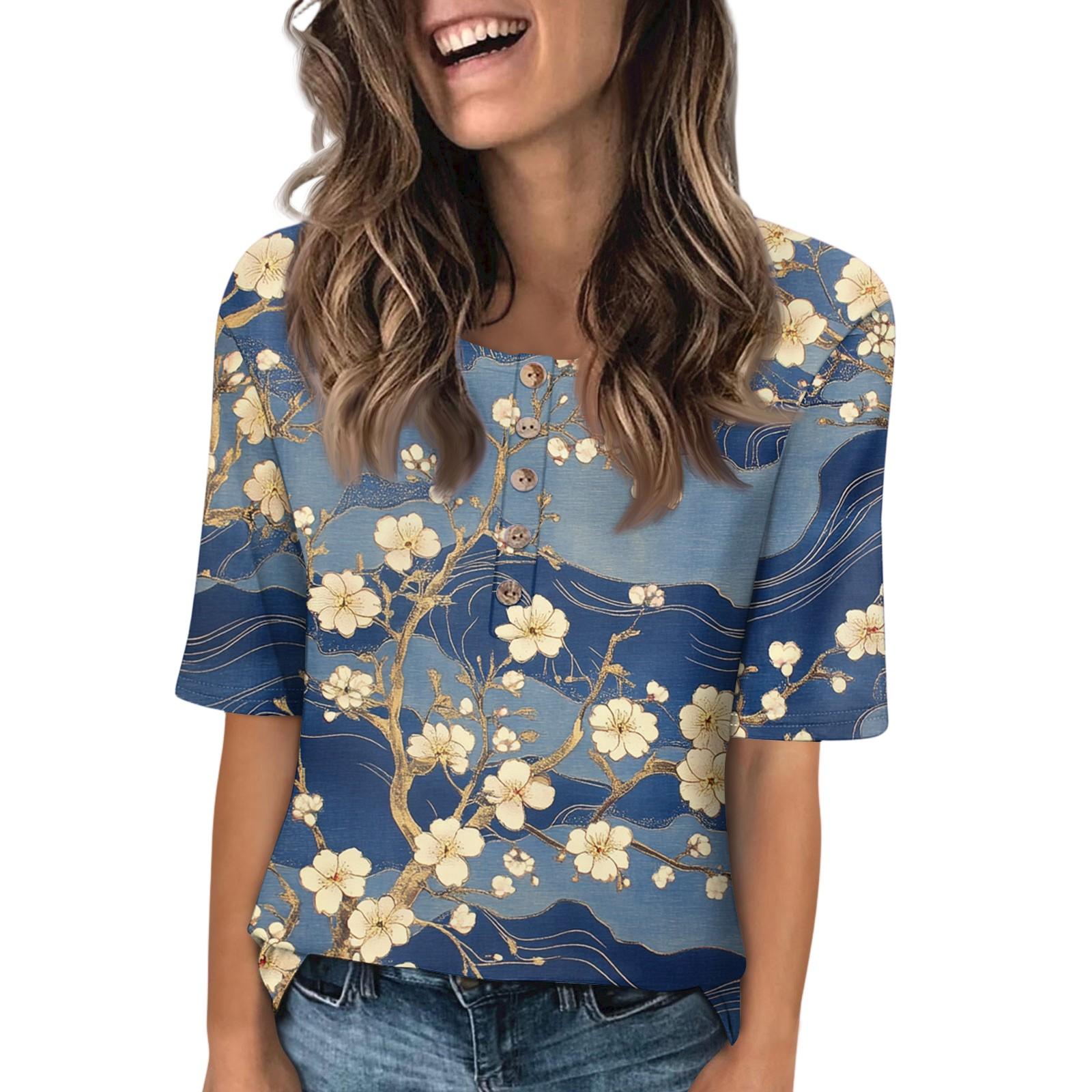 

Женская мода принтованный круглый вырез на пуговицах короткий рукав повседневный топ L