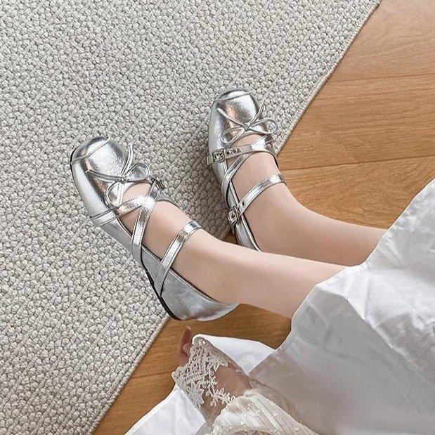 Silver Inner Height Increase Ballet Single Shoes Women's Summer 2025 New French Bow Mary Jane Shoes Flat Large Size Women's Shoes