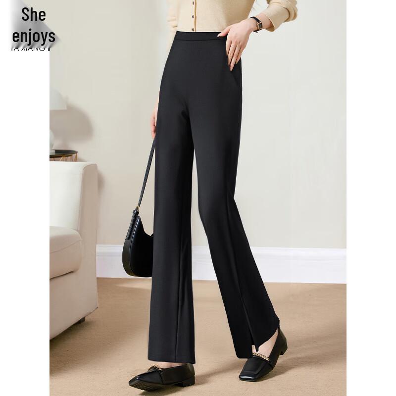 SheEnjoy Women's Black Flare Slit Hem Casual Long Pants T53X019