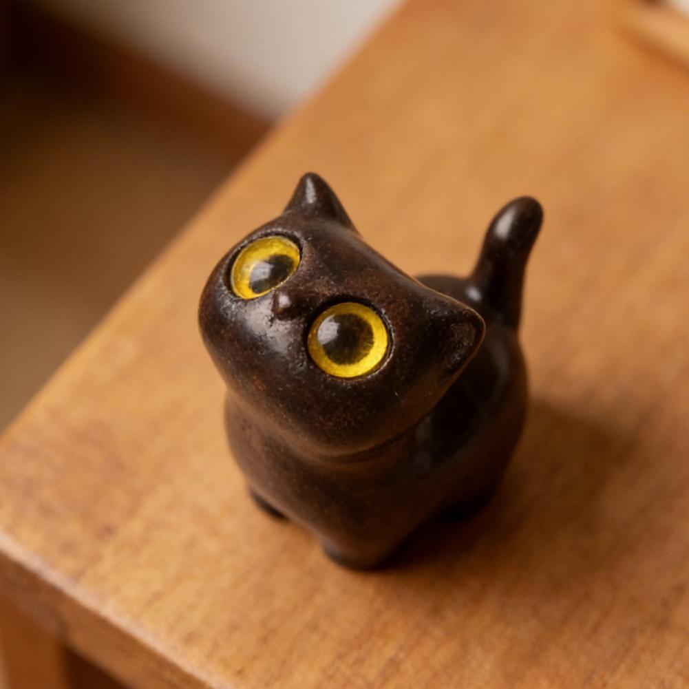 Wooden Cat Sculpture Cat Statue Decoration Handcrafted Black Cat Sculpture Rustic Mini Cartoon Figurine Cute Wooden for Home