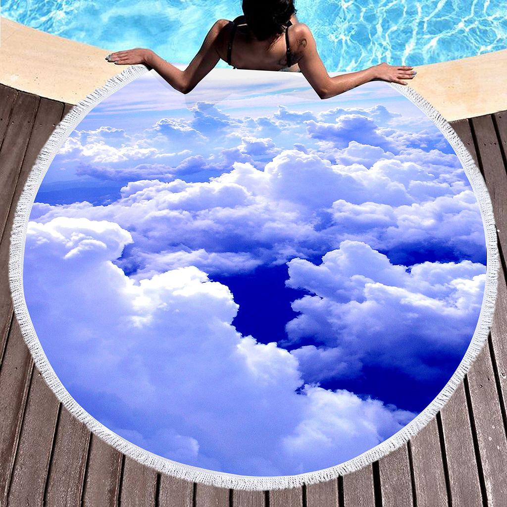 Sky Cloud Print Round Beach Towel, Microfiber Sand Free Quick Dry Circle Bath Towel Absorbent Tropical Meditation Rug Yoga Mat