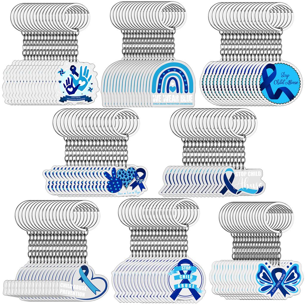 Haiabei 160Pcs Child Abuse Prevention Awareness Keychain Accessories Bulk Blue Pinwheel Ribbon Key Ring Jewelry Gifts For Nonpro