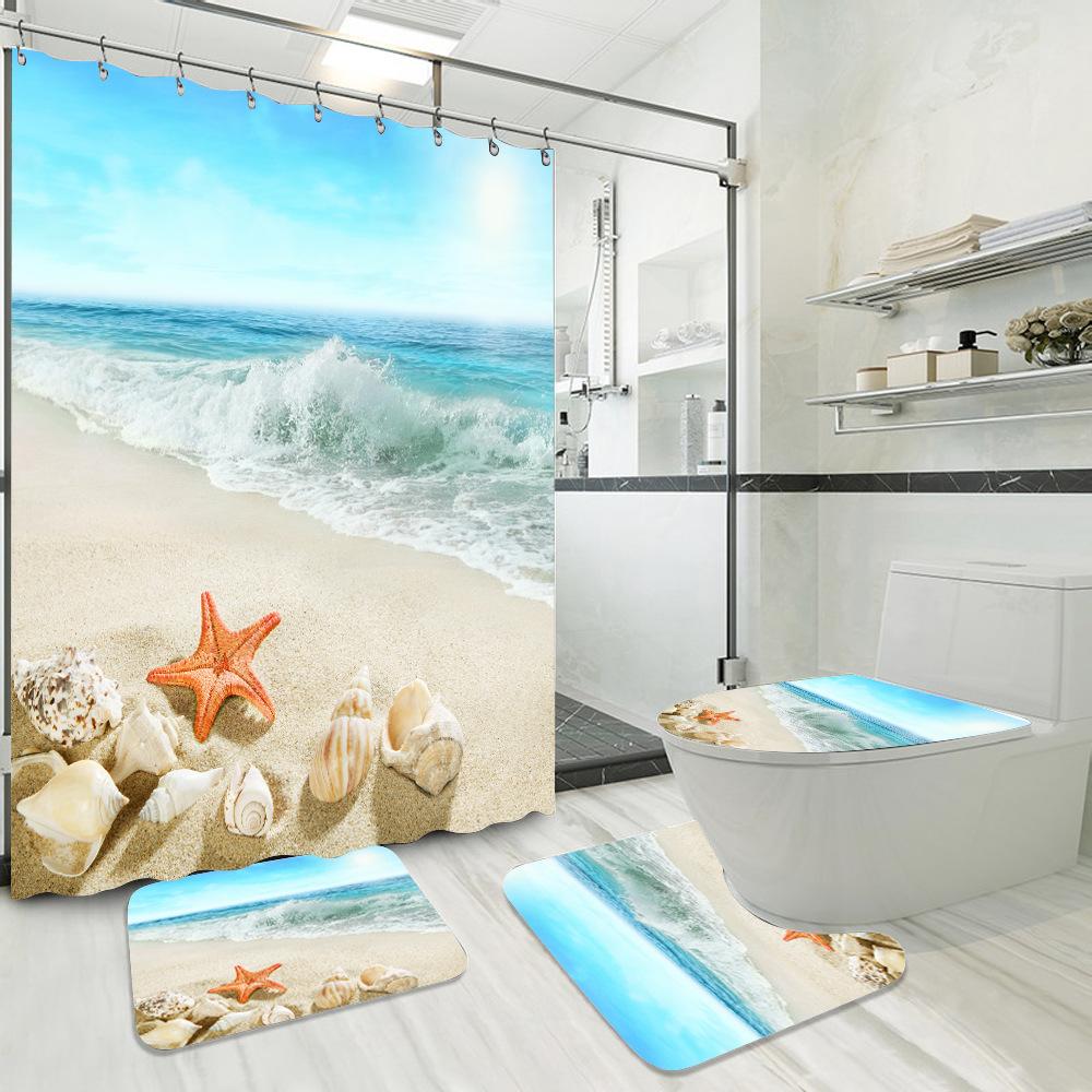 Blue Fishing Net And Whelk 3D Printed Waterproof Shower Curtain Non Slip Rugs Mat Polyester Fabric Waterproof With Hooks