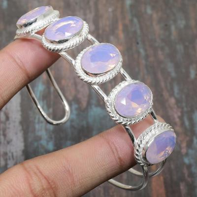 Milky Opal Gemstone Handmade Cuff Jewelry 925 Sterling Silver Bangle Adjustable For Her