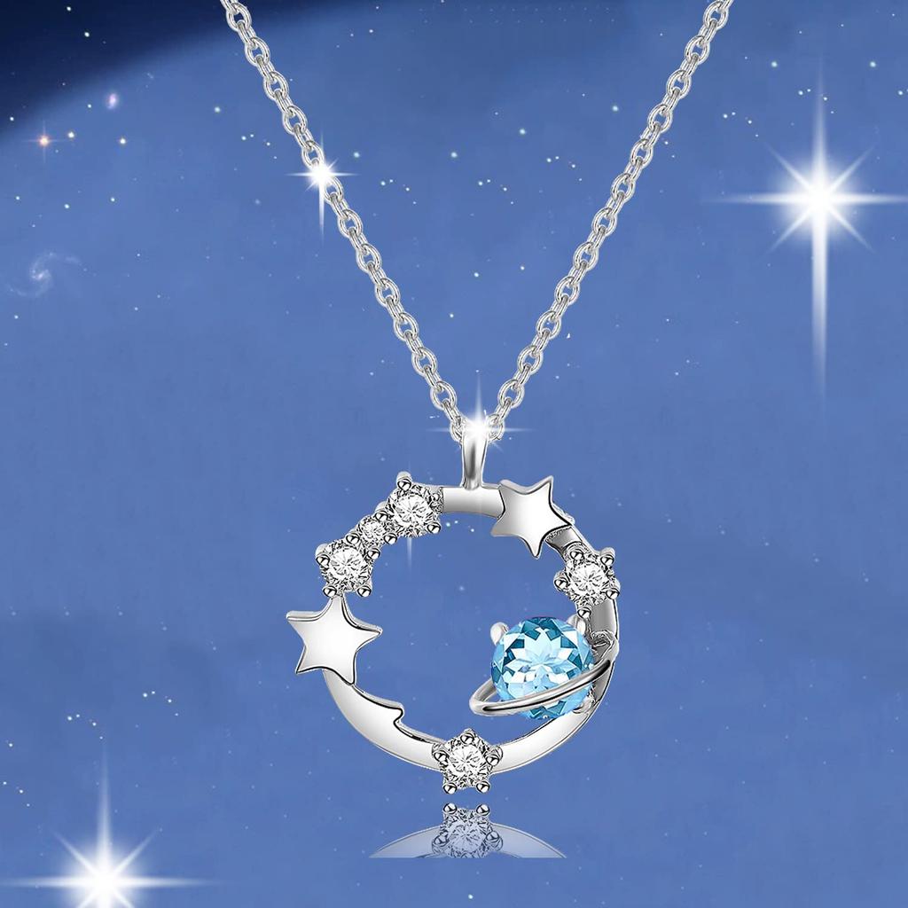 Necklace Aquamarine March Birthstone Planet Motif Platinum Plated 925 Silver Jewelry Accessory Birthday White Day Day Christmas Present Gift Wrapping