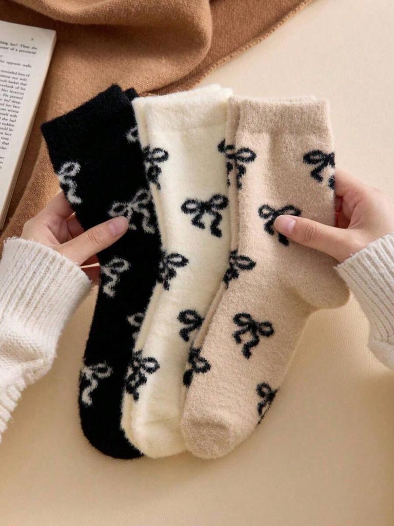 Australian Wool Socks for Women, Autumn and Winter, Fleece-Lined, Thickened, Warm, with Bow, Home Maternity Socks, Plush Floor Sleep Socks