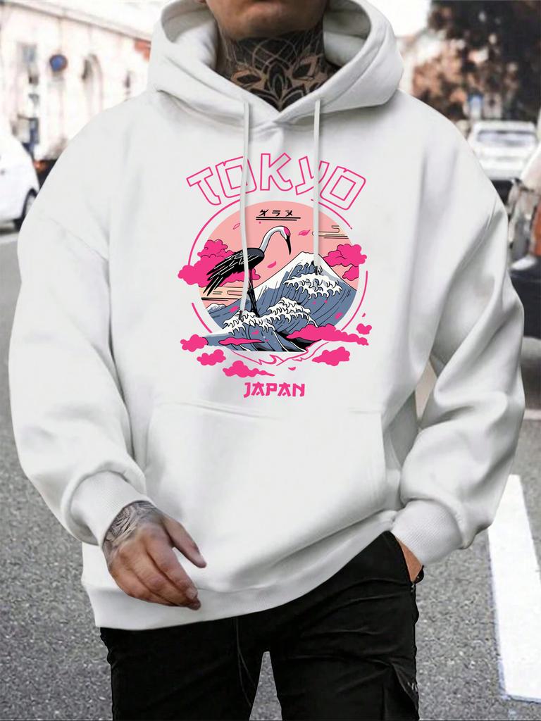 Tokyo Japan Crane Waves Printing Hoodies Men All-Match Casual Hoody Pocket Fleece Streetwear Loose Hip Hop Male Pullover