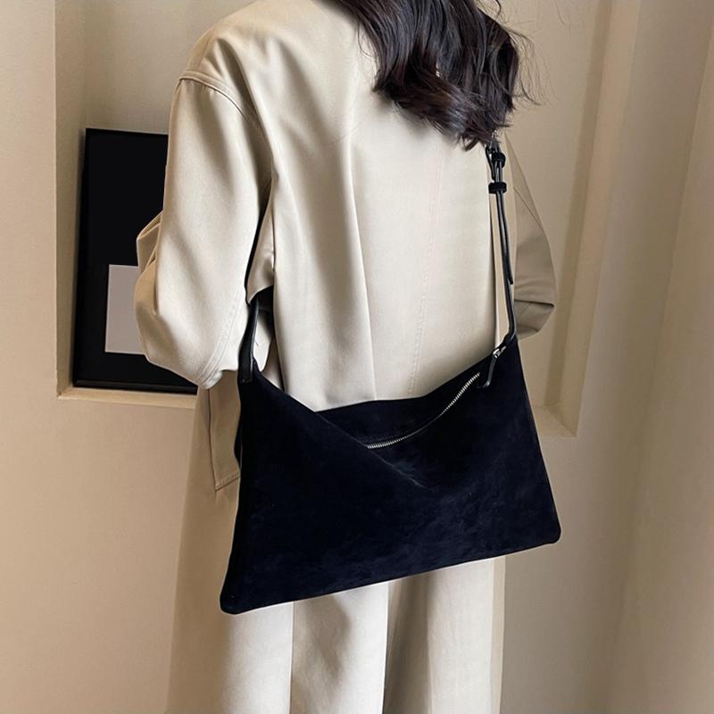 Women Suede PU Leather Large Capacity All-match Shoulder Bag Vintage Solid Color Casual Style Commuter Tote Bag KTY