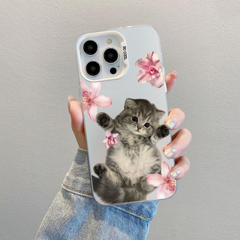 Kitten Cat & Flowers Cute Animals Artistic Laser Phone Case for iPhone 15 14 Pro Max Plus 16 11 12 13 Mini Pro Max Back Coves