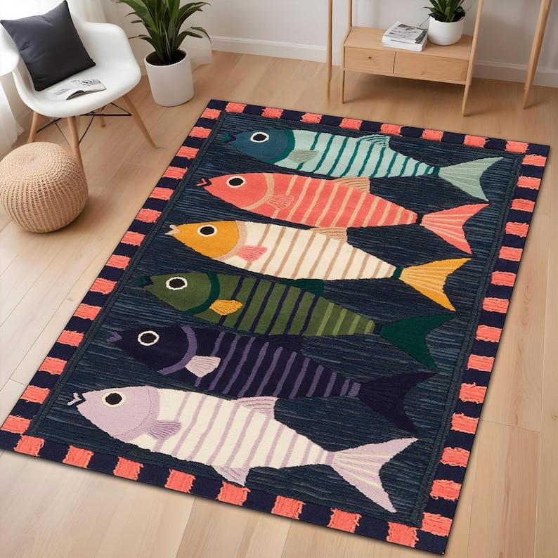 Colorful Fish Rug Striped Design Navy Background Coral Border Vibrant Kids Room Playroom Carpet for Home Decor Floor Mat