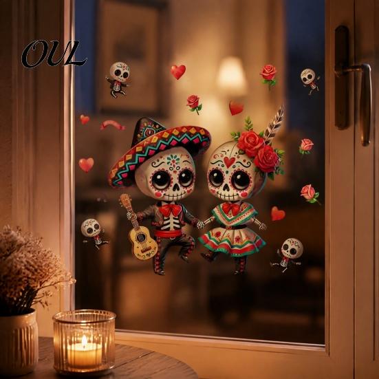 Holiday Glass Stickers for Balcony Halloween Cartoon Skeleton Couple Window Stickers, Waterproof PVC Day of The Dead Static Decals, Traditional Clings