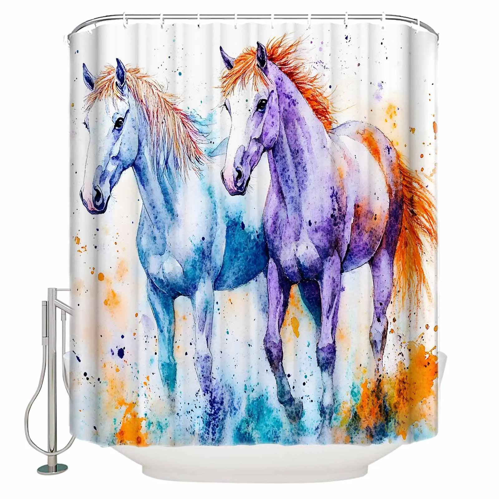 

Акварельные лошади Шторки для душа Водонепроницаемые шторки для ванной Комнатный декор Современная роскошная шторка для ванной W90xH180cm