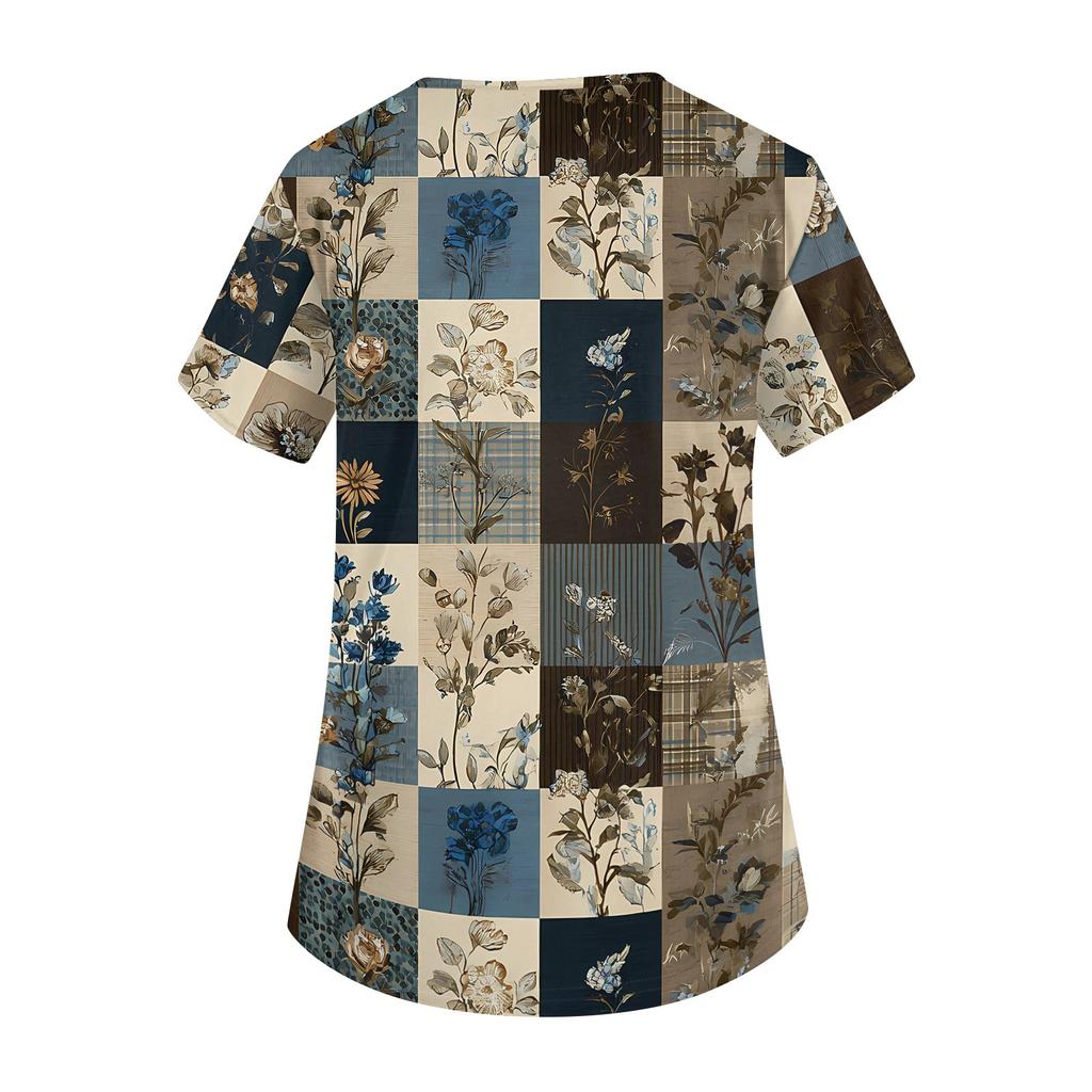 Modische Arbeitskleidung für Damen mit V-Ausschnitt, kurzen Ärmeln und bedruckten Taschen