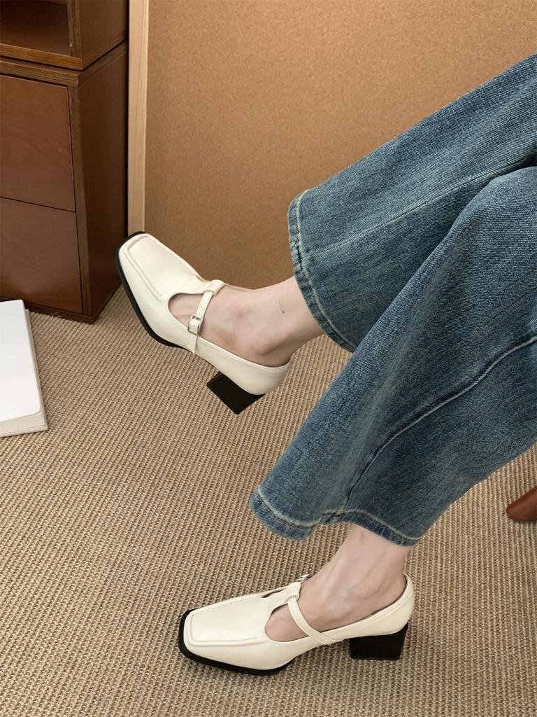 French Retro Square Head Thick Heel Single Shoes Female Spring and Autumn New Evening Wind Korean Version Fairy High Heels Mary Jane Small Lea