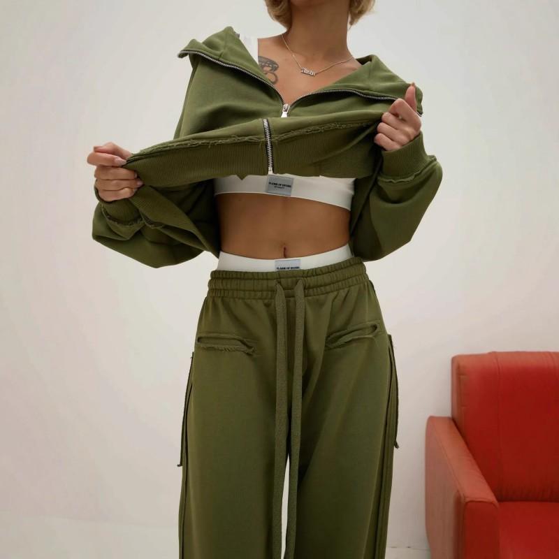 Casual Suit Women's Street Style Long-sleeved Hooded Cardigan Elastic Trousers Two-piece Set