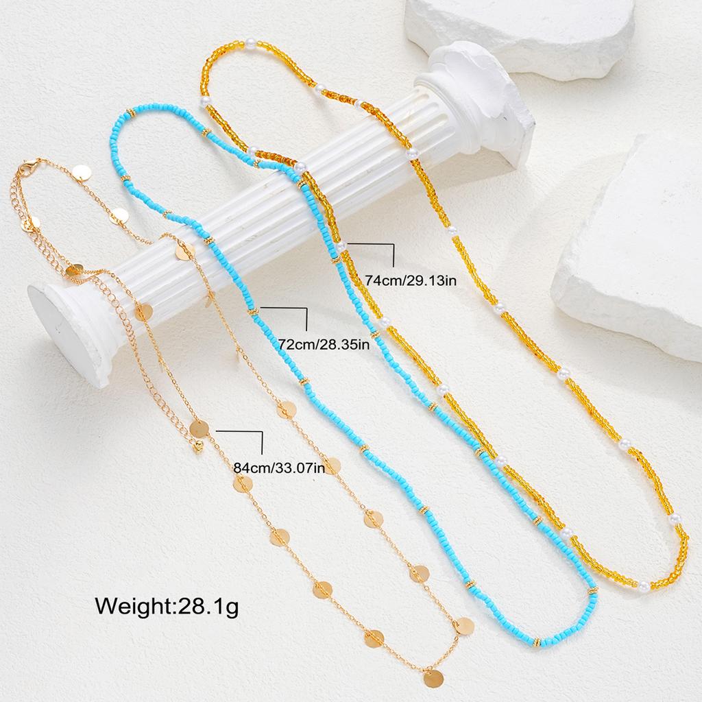 3Pcs Bohemian Multilayer Rice Beaded Tassel Waist Chain Vintage Imitation Pearl Blue Gold Color Body Chain Summer Bikini Jewelry