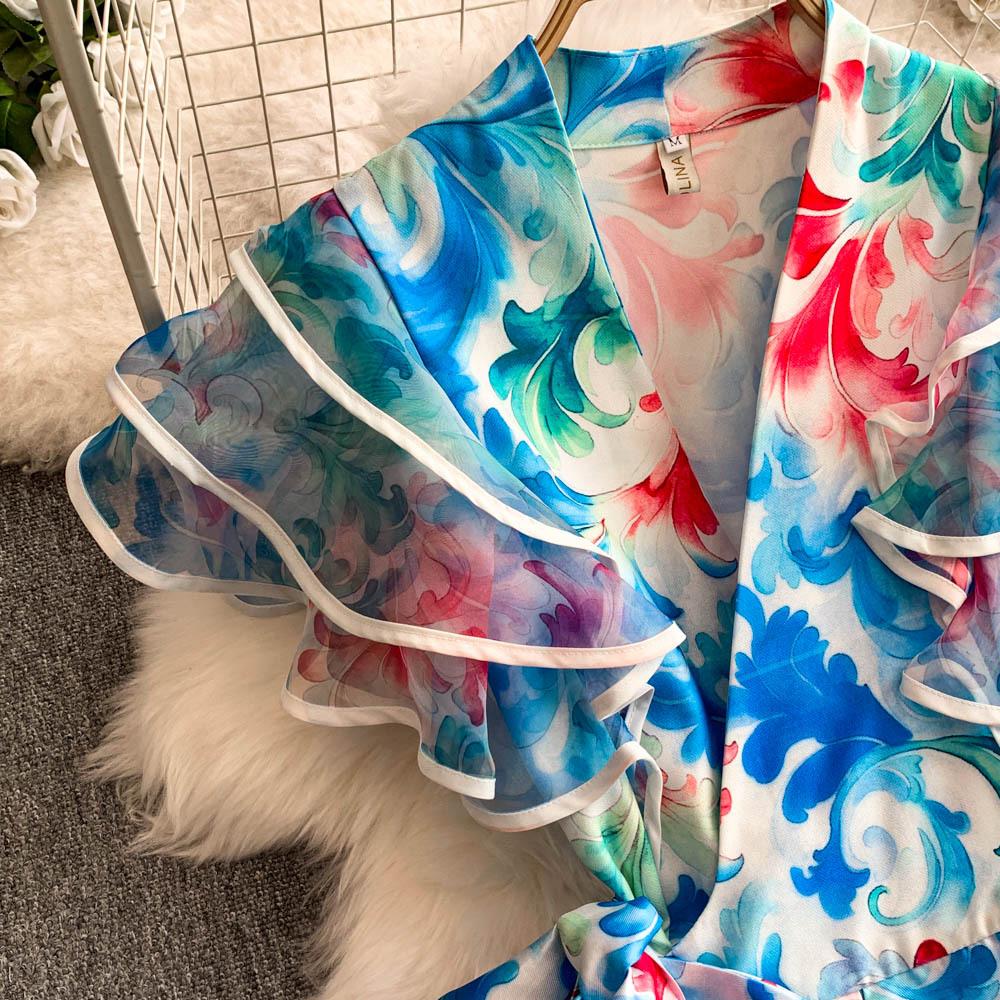 Rochii Lungi Elegante cu Imprimeu Floral Femei Vară Vacanță Mânecă cu Volane Dintr-o Bucată Petrecere Vintage Retro Rochii de Seară