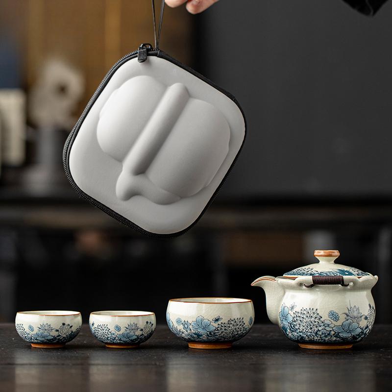 Ru Kiln One Pot Three Cups Outdoor Camping Travel Tea Set Portable Bag Teapot Teacups for One Person Use Fast Guest Cups