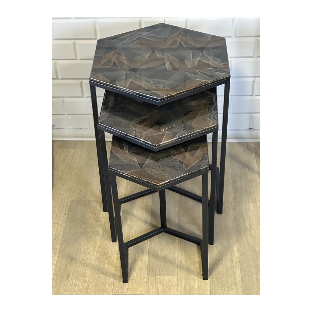 Master Hexagon Black Metal Black Glass 3-piece Nesting Table