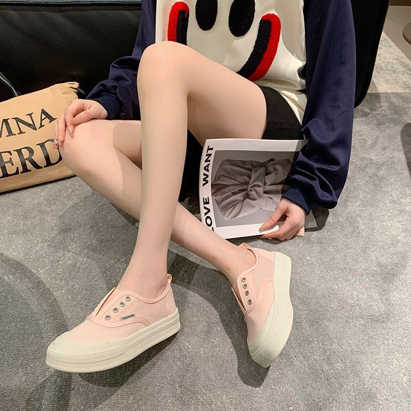 Female Footwear Canvas Off White Women's Shoes High On Platform Slip Original Cotton 2024 New Comfortable and Elegant Light Shoe