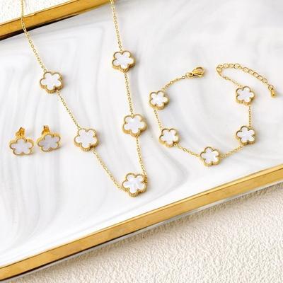 Clover Five Leaf Flower Stainless Steel Bracelet Necklace Earrings Jewelry Set Luxury for Women High Quality Party Jewelry Gift