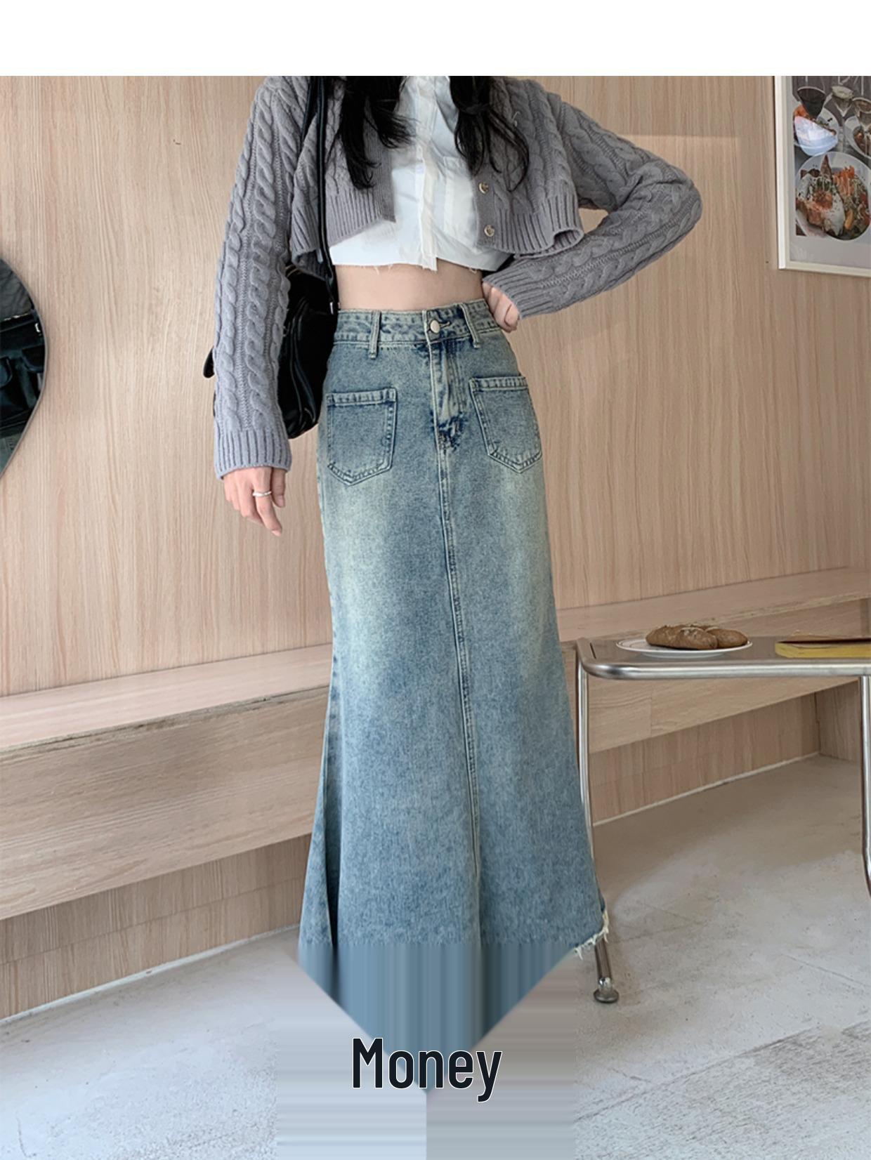 

Spring/Summer Retro High-Waist Denim Skirt - Slimming Raw Hem A-line Fishtail Design for Women Small синий