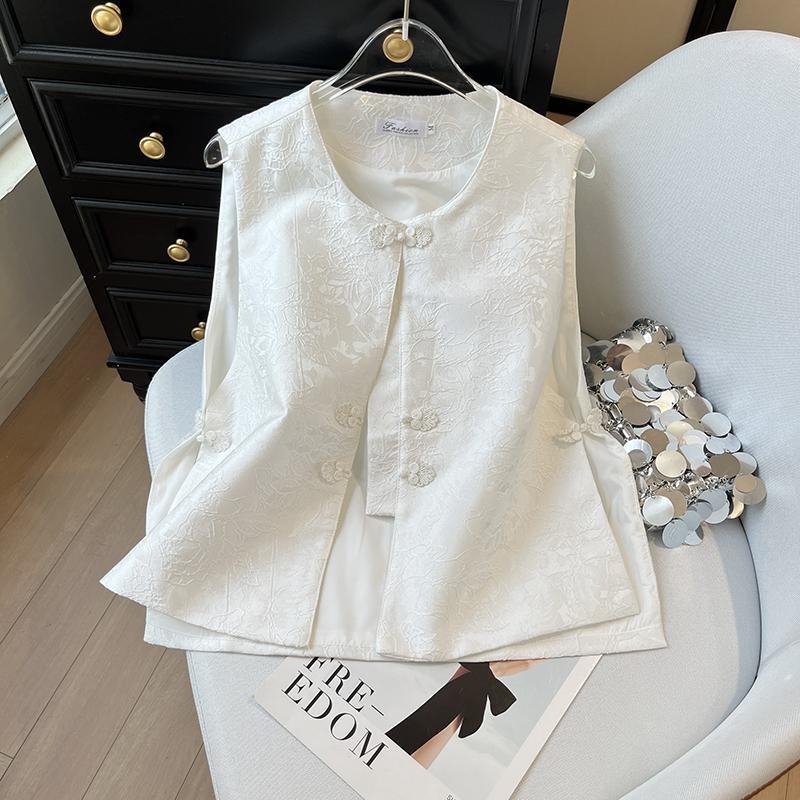 

Жилет женский весна-лето 2025 новый белый ретро круглый вырез без рукавов короткий 3XL ([Recommended 138-75kg]) белый