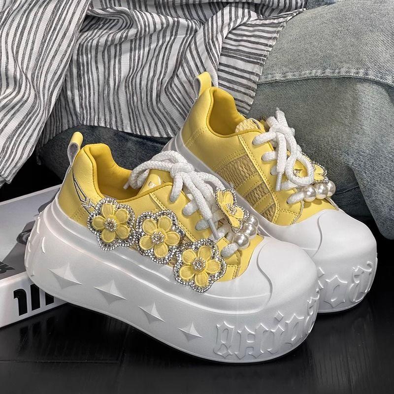 Rhinestone Ugly Cute Big Head Muffin Platform Bread Shoes Women's Mesh Breathable Small Height Increase Casual Shoes