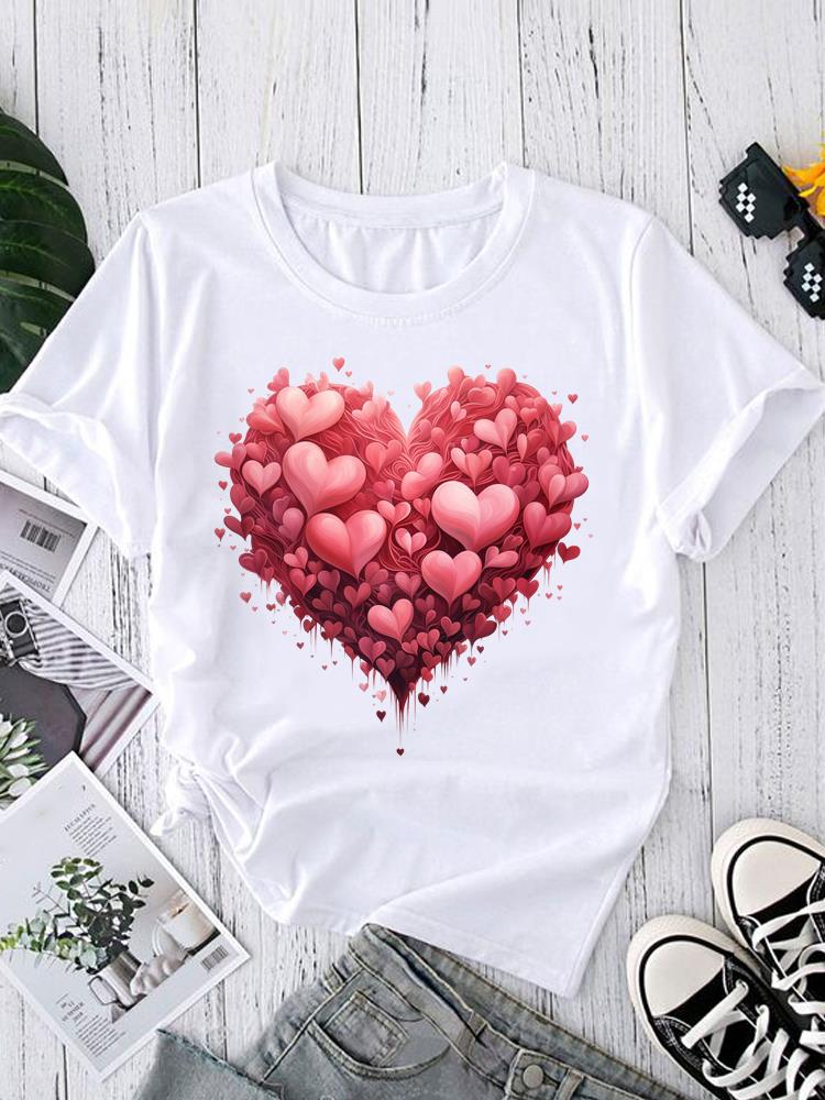 (Asian Size) love heart style Short Sleeve T shirt Printed T-shirts O-neck Casual Clothing Fashion Female Women's Top Graphic Tee