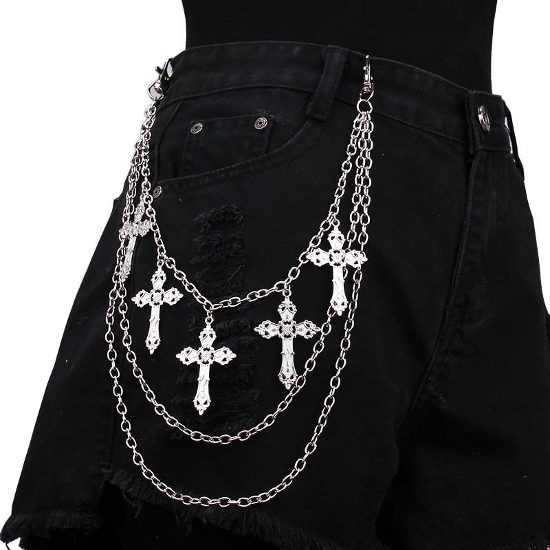 

Punk Pants Chain Hip Hop Cross Charm Layered Jeans Chains Wallet Rock for Women Men Halloween Jewelry Clothing Accessories серебряный