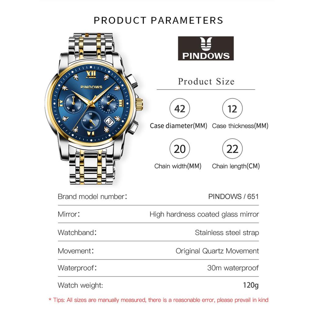 PINDOWS Luxury Quartz Chronograph Watch with Date Large Waterproof Business Stainless Steel Luminous Diamond Accents Men's Display, Dial, Watch, Band,
