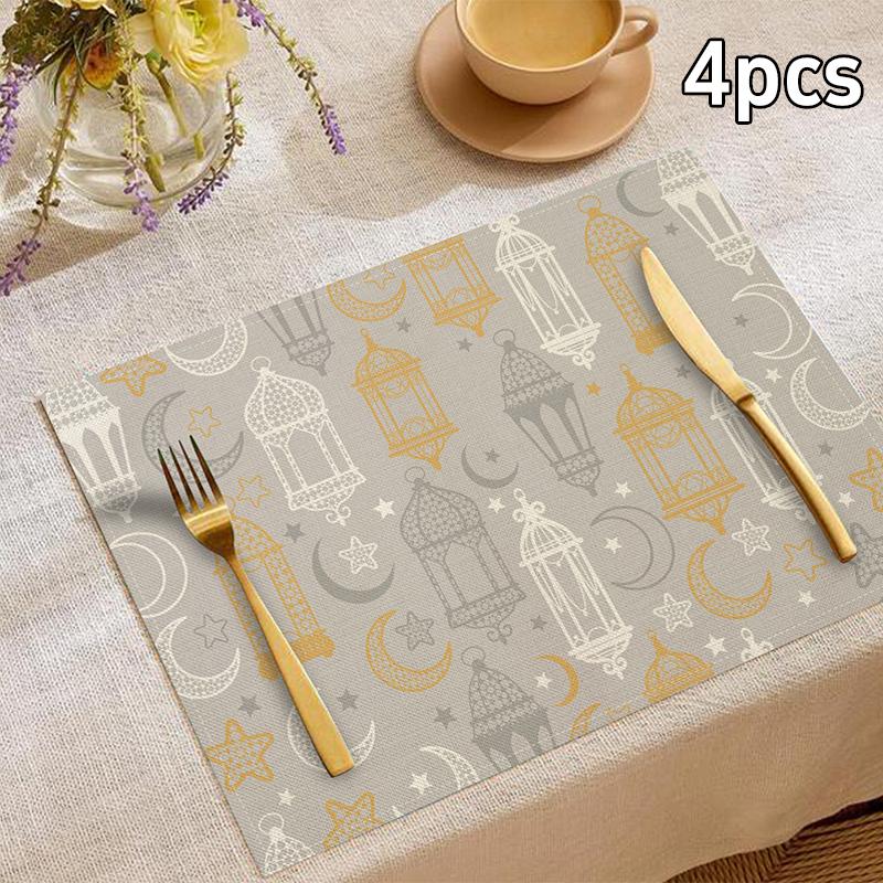 Islamic Style Moon Architecture Linen Table Mat Middle East Ramadan Rectangular Heat-resistant Placemat Accessories Cute Gifts