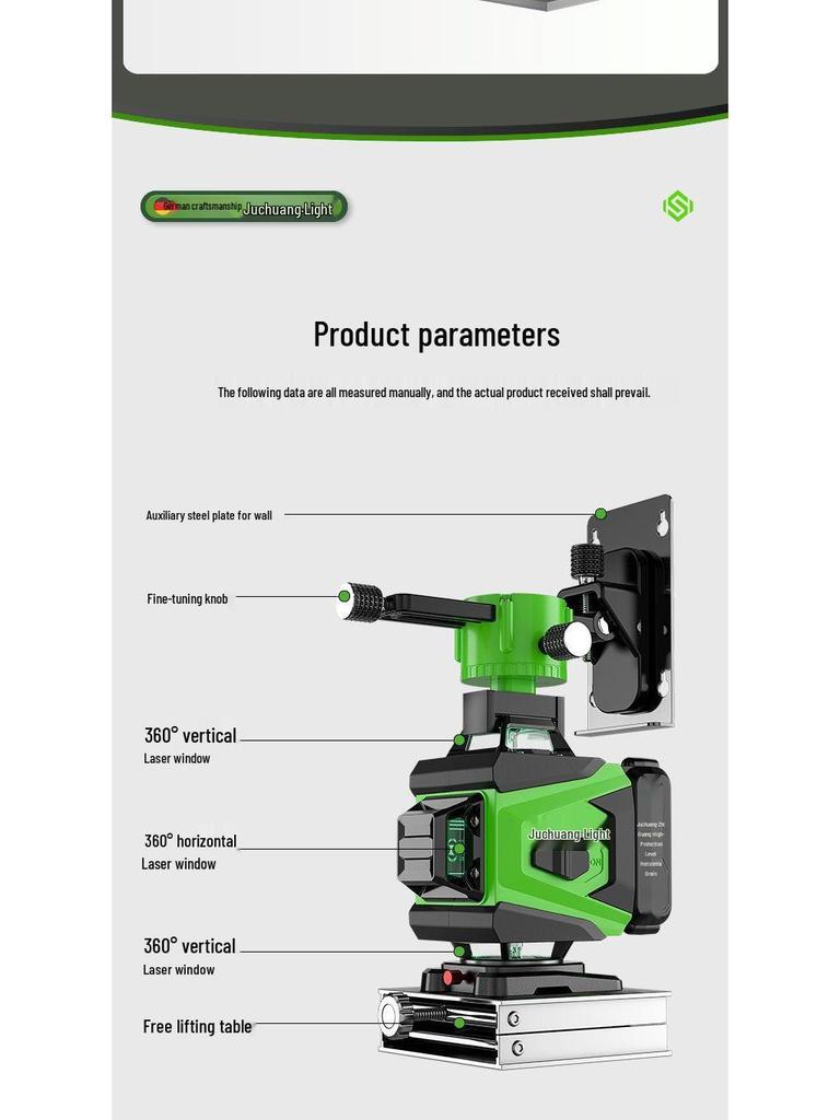 12/16-linjers minilaserpassare med hög precision, grönt ljus och vägg-/golvklistermärken